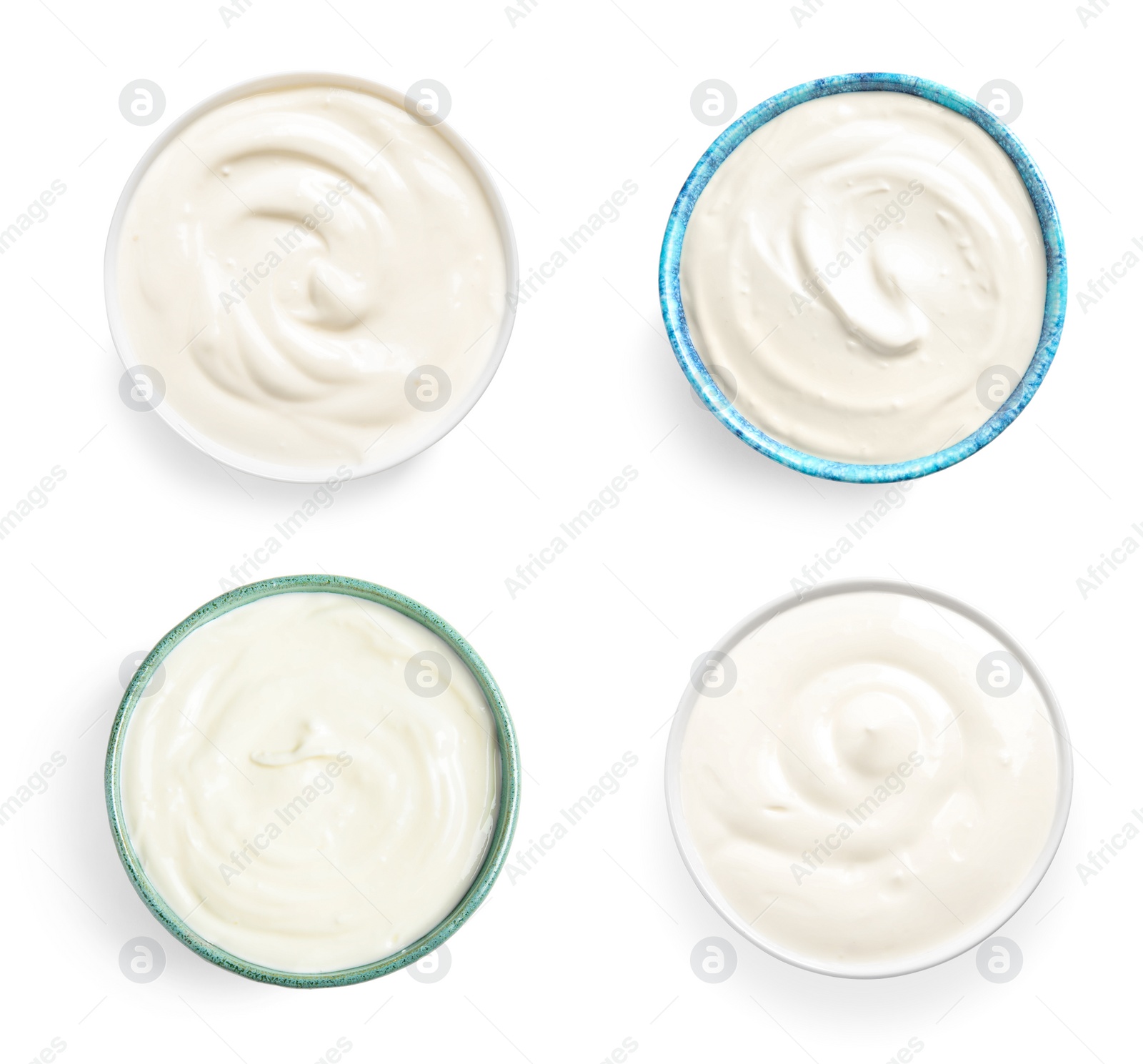 Image of Set with tasty yogurts on white background, top view