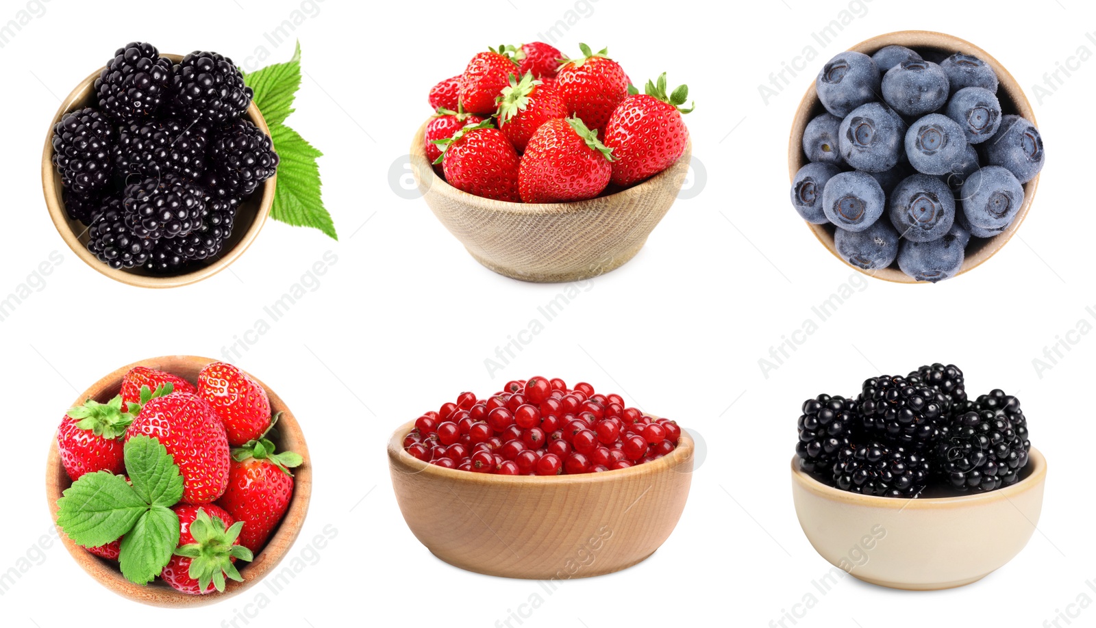 Image of Fresh blueberries and other fresh berries in bowls isolated on white, set