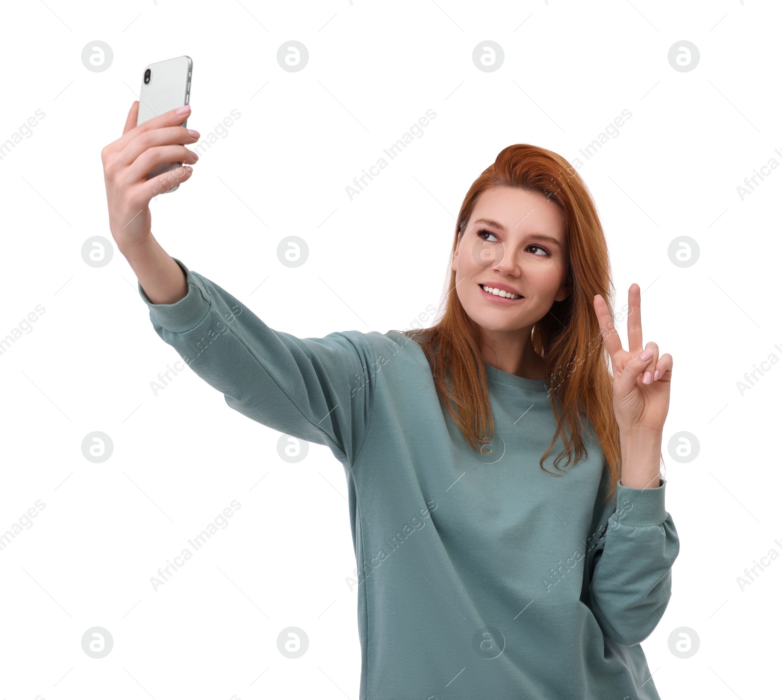 Photo of Beautiful woman taking selfie on white background