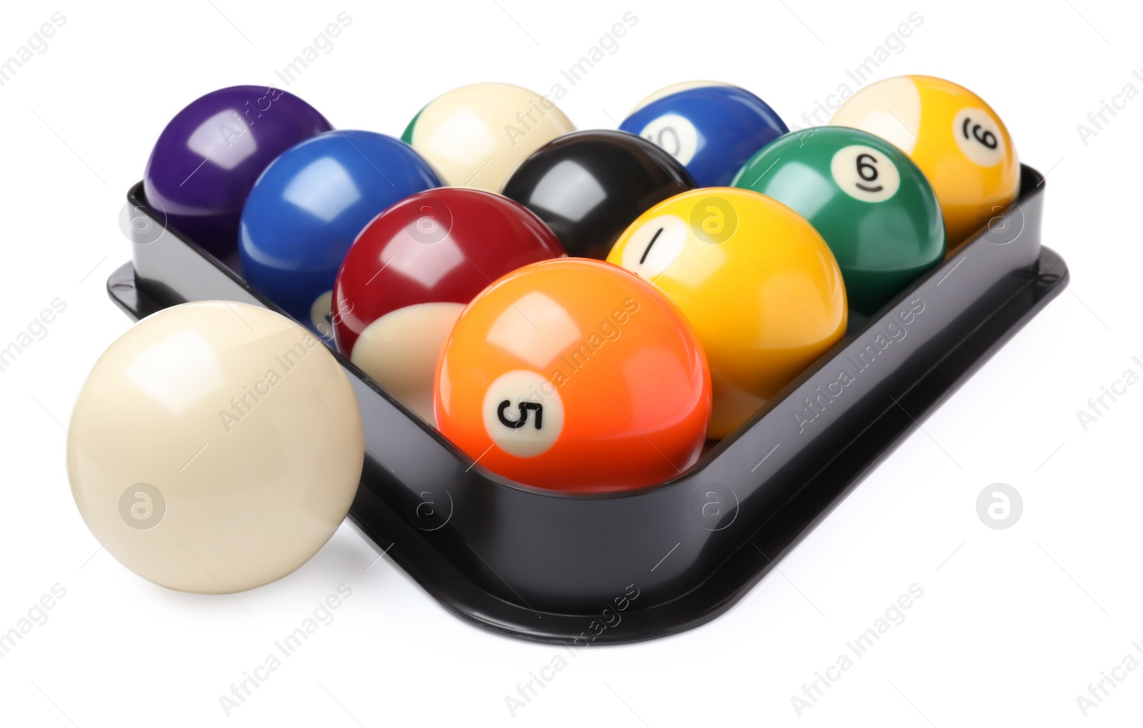 Photo of Plastic rack with billiard balls on white background