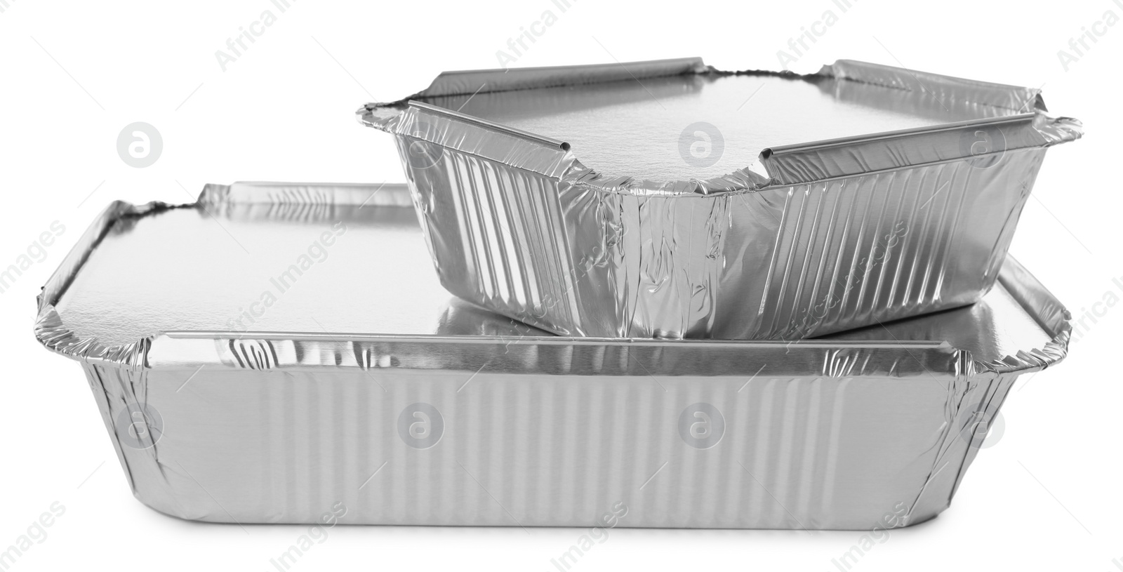 Photo of Foil containers for food on white background