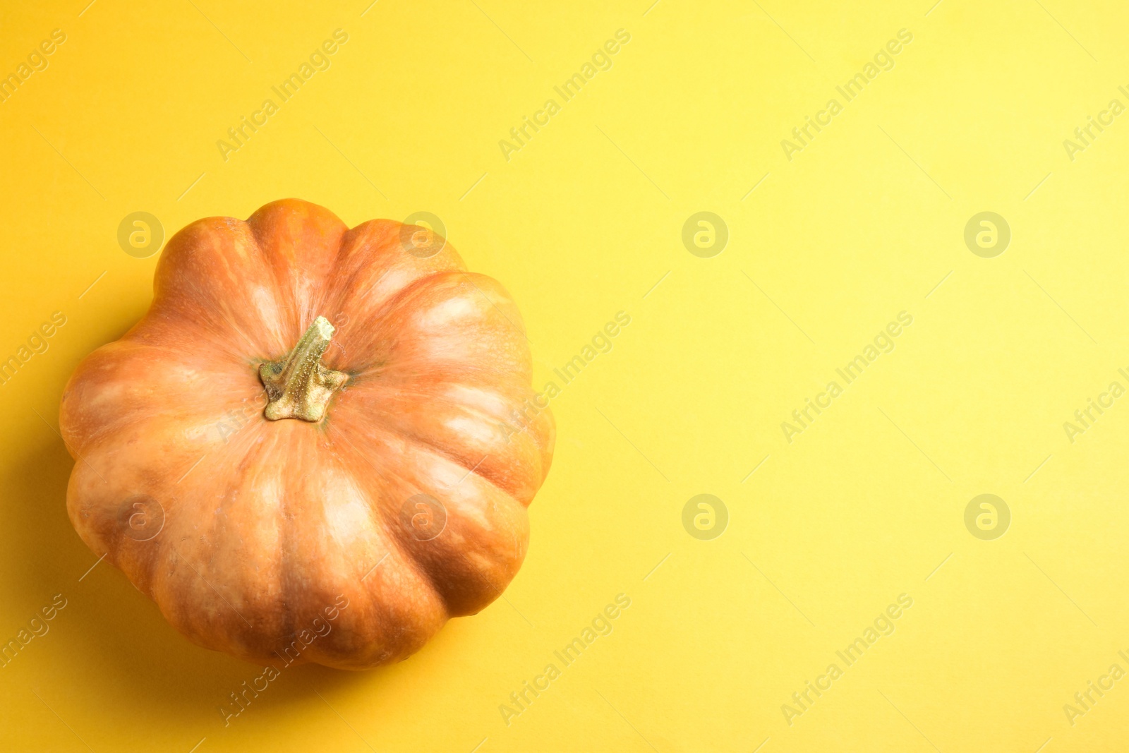 Photo of Fresh ripe pumpkin on yellow background, top view with space for text. Holiday decoration