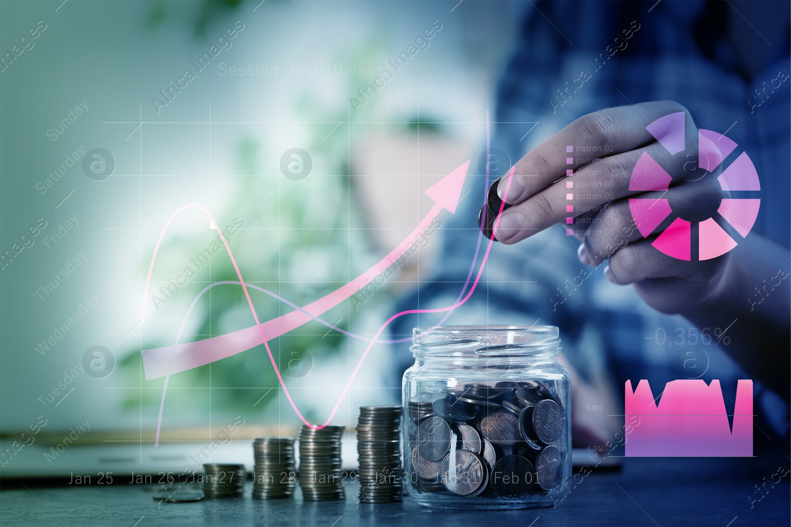 Image of Forex trading. Woman putting money into glass jar at table and charts, closeup