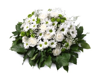 Photo of Funeral wreath of flowers on white background