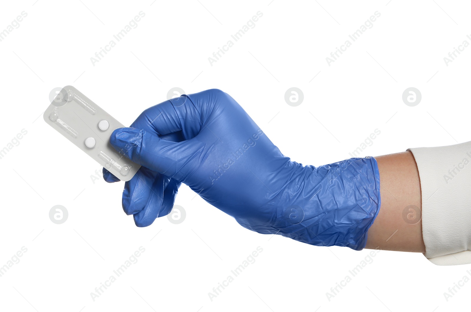 Photo of Doctor holding blister of emergency contraception pills on white background, closeup