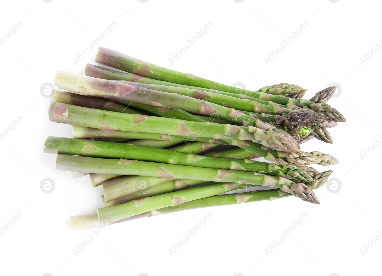 Photo of Fresh raw asparagus isolated on white, top view