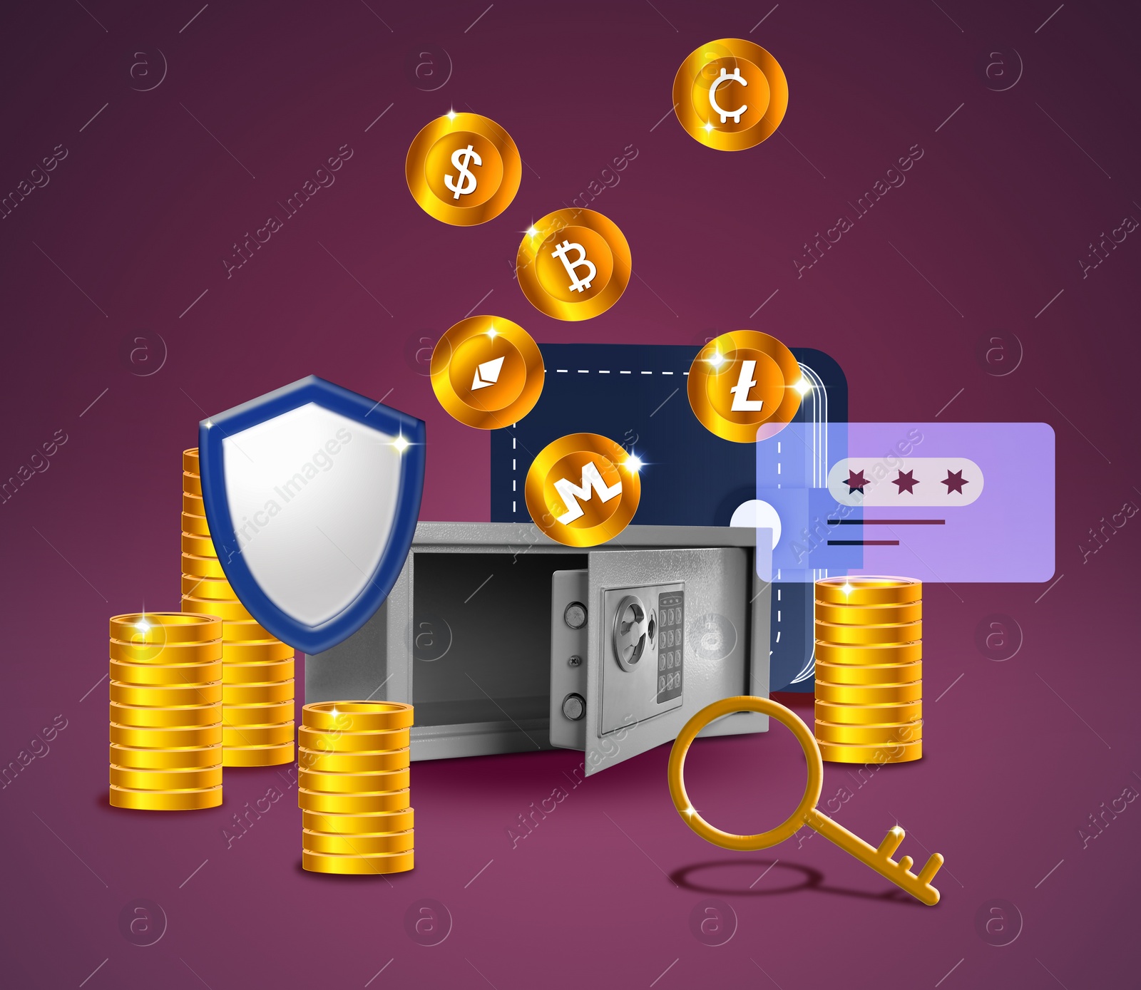 Illustration of Security of online currency. Different cryptocurrency coins, safe, wallet, shield, key and password field on purple background, illustration