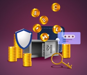 Illustration of Securityonline currency. Different cryptocurrency coins, safe, wallet, shield, key and password field on purple background, illustration