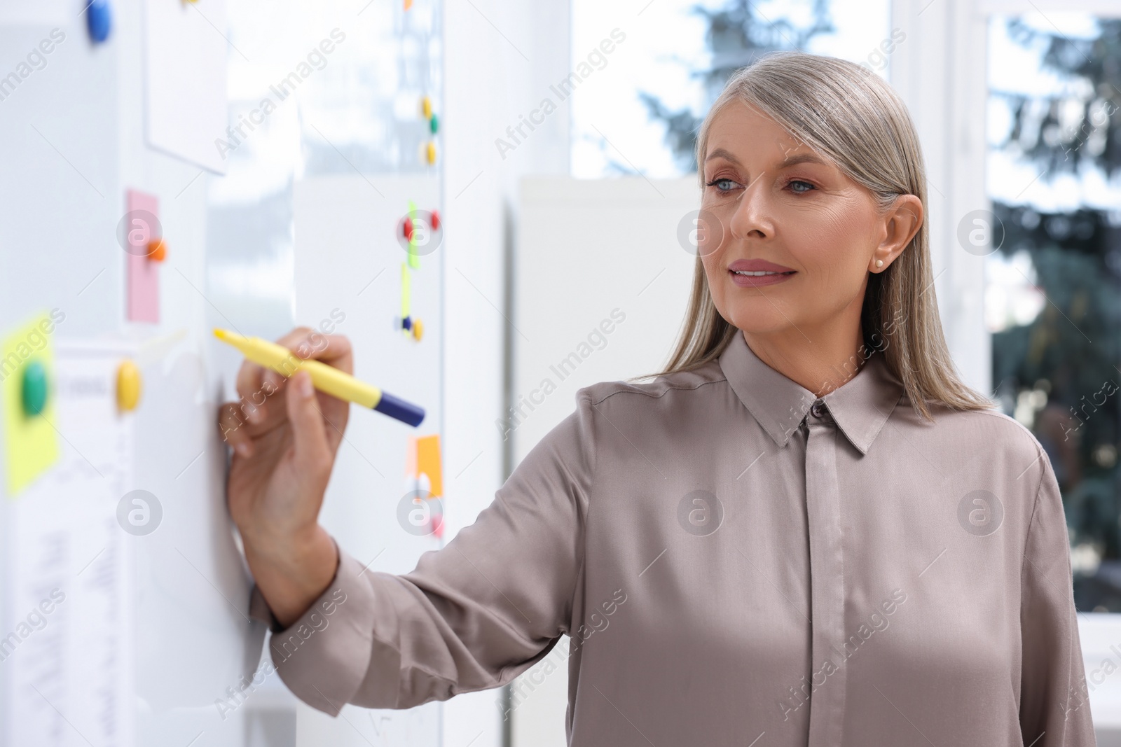 Photo of Professor explaining something with marker at whiteboard in classroom