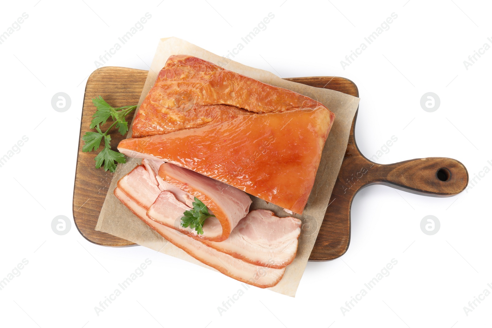 Photo of Delicious smoked bacon with parsley on white background, top view