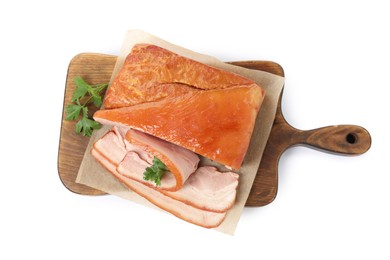 Photo of Delicious smoked bacon with parsley on white background, top view