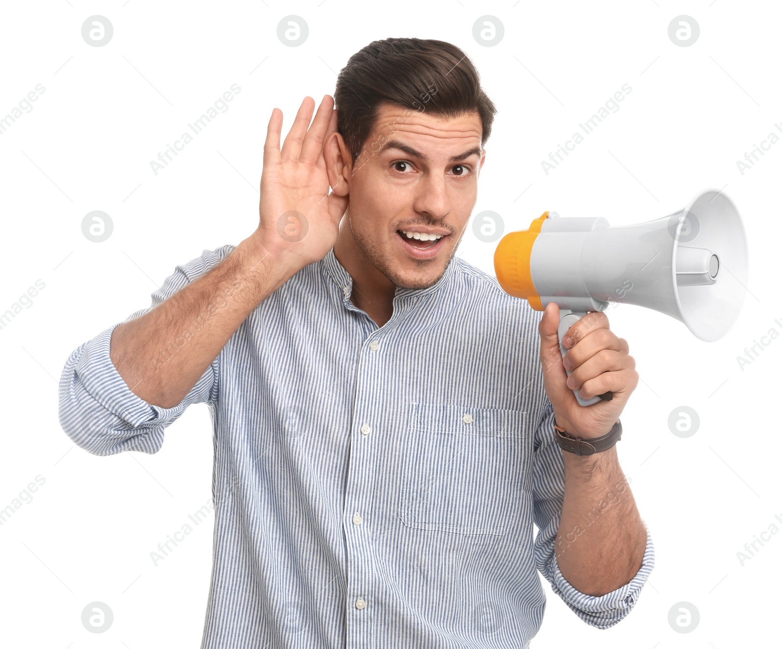 Photo of Handsome man with megaphone on white background