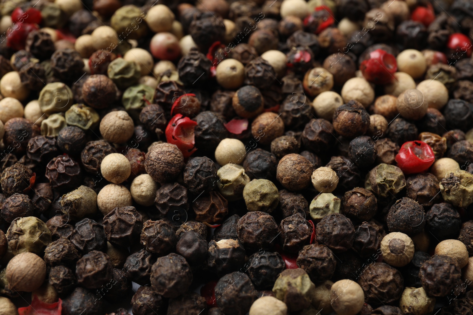 Photo of Aromatic spices. Different peppers as background, closeup