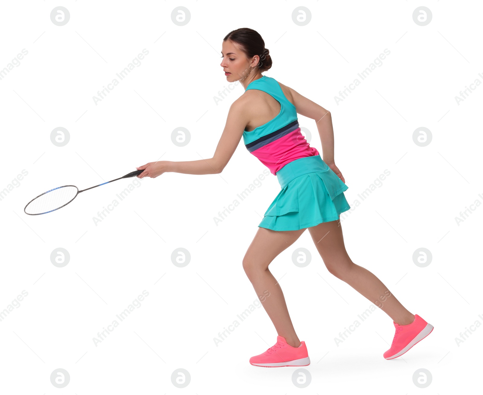 Photo of Young woman playing badminton with racket on white background