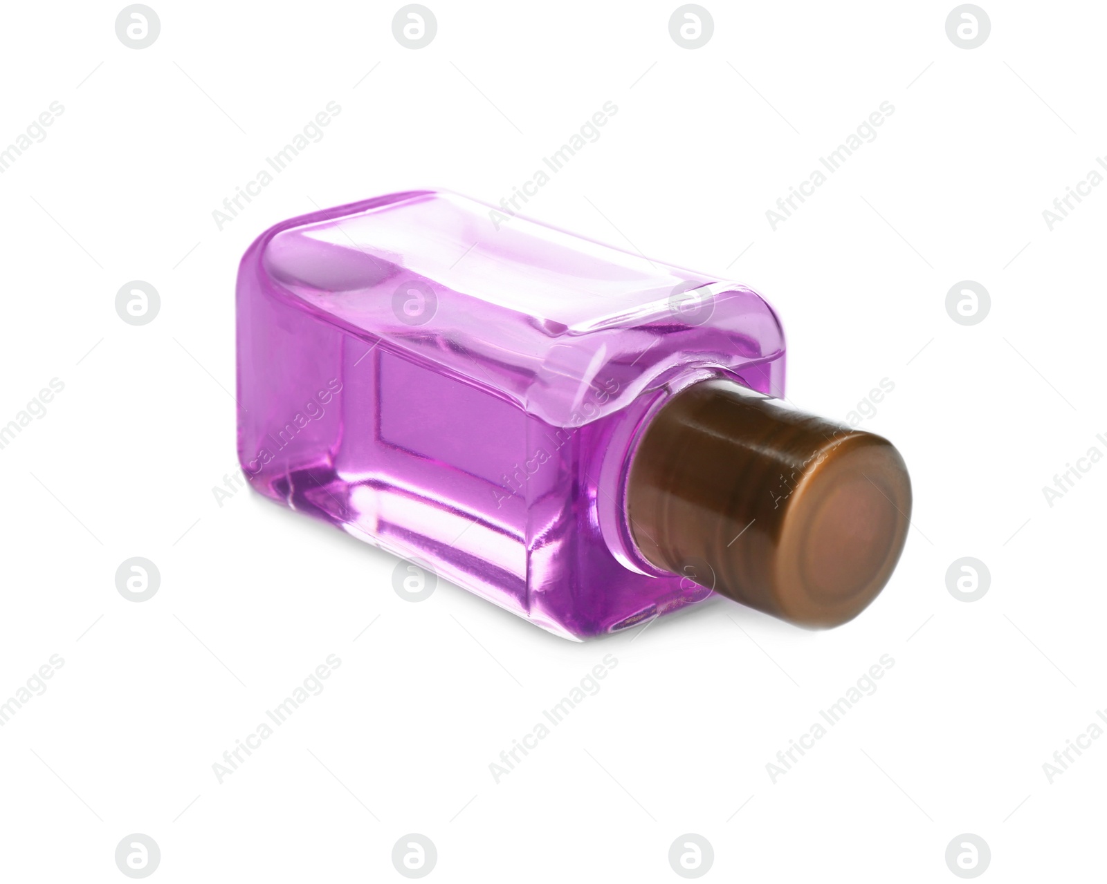 Photo of Mini bottle with cosmetic product on white background. Hotel amenity