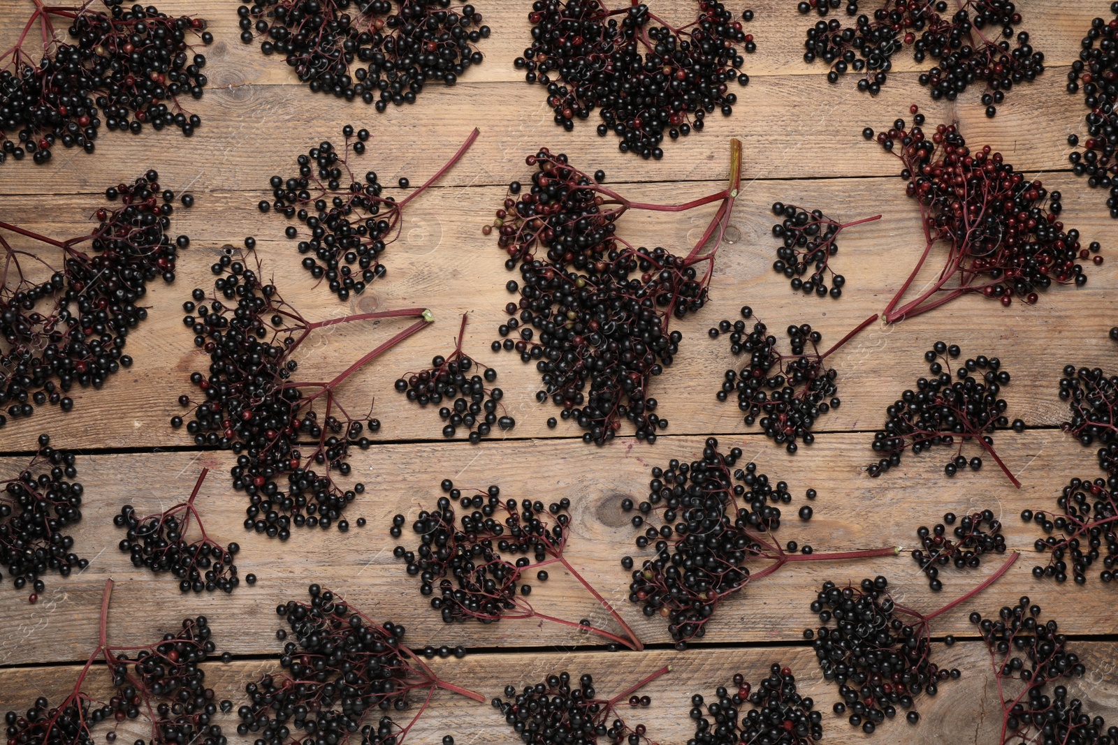 Photo of Many elderberries (Sambucus) on wooden background, flat lay