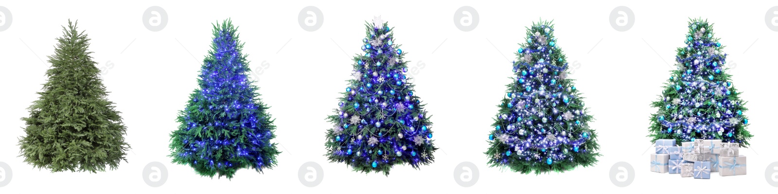 Image of Christmas tree isolated on white, step-by-step decorating