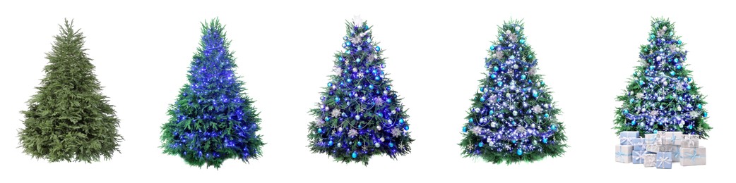 Christmas tree isolated on white, step-by-step decorating