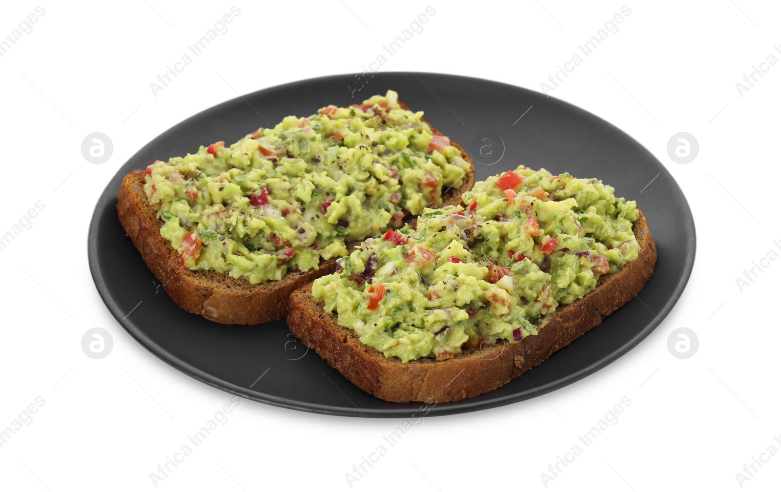 Photo of Slices of bread with tasty guacamole isolated on white