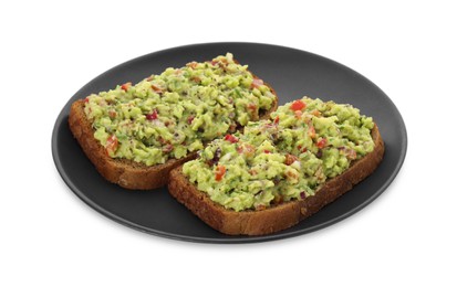 Slices of bread with tasty guacamole isolated on white