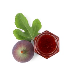Jar of tasty sweet jam, fresh fig and green leaf isolated on white, top view