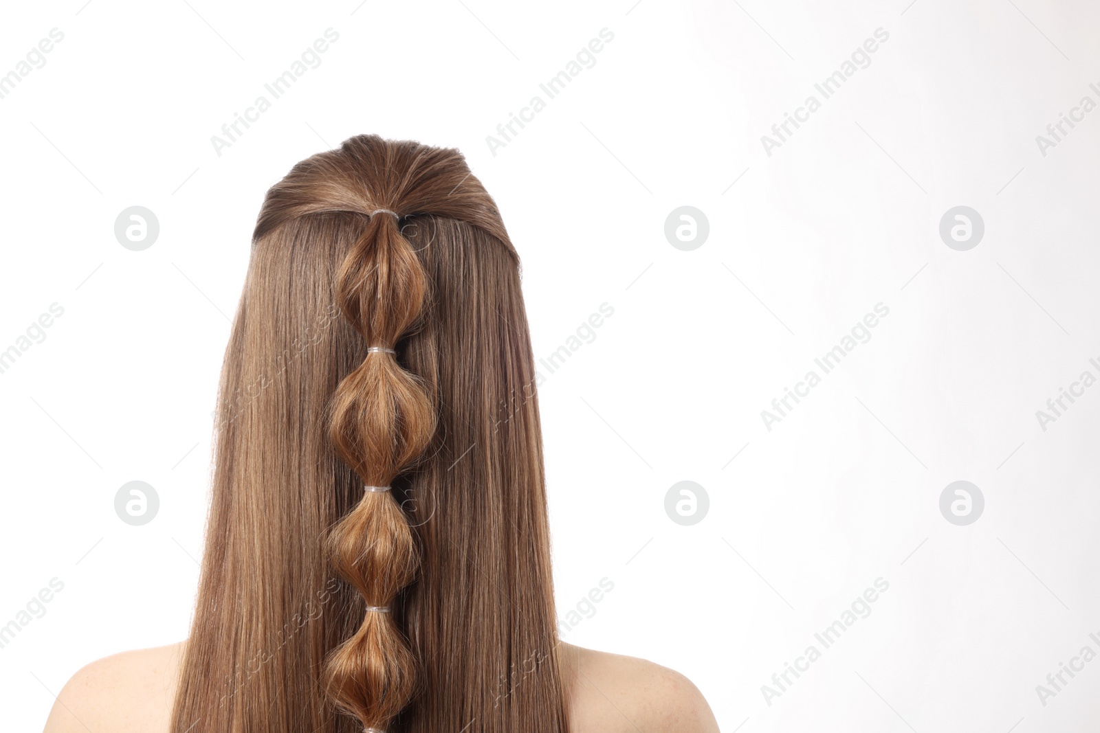 Photo of Woman with braided hair on white background, back view