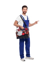 Photo of Professional plumber with tool bag on white background