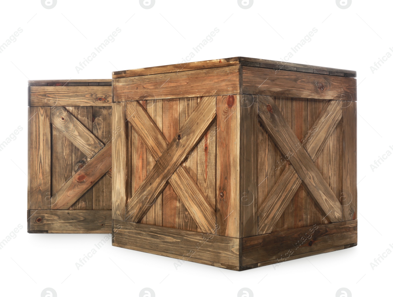 Photo of Old closed wooden crates isolated on white