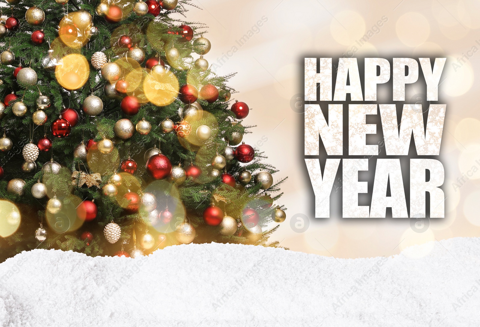 Image of Happy New Year. Beautifully decorated Christmas tree and snow on light background, bokeh effect