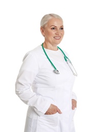 Photo of Portrait of female doctor isolated on white. Medical staff