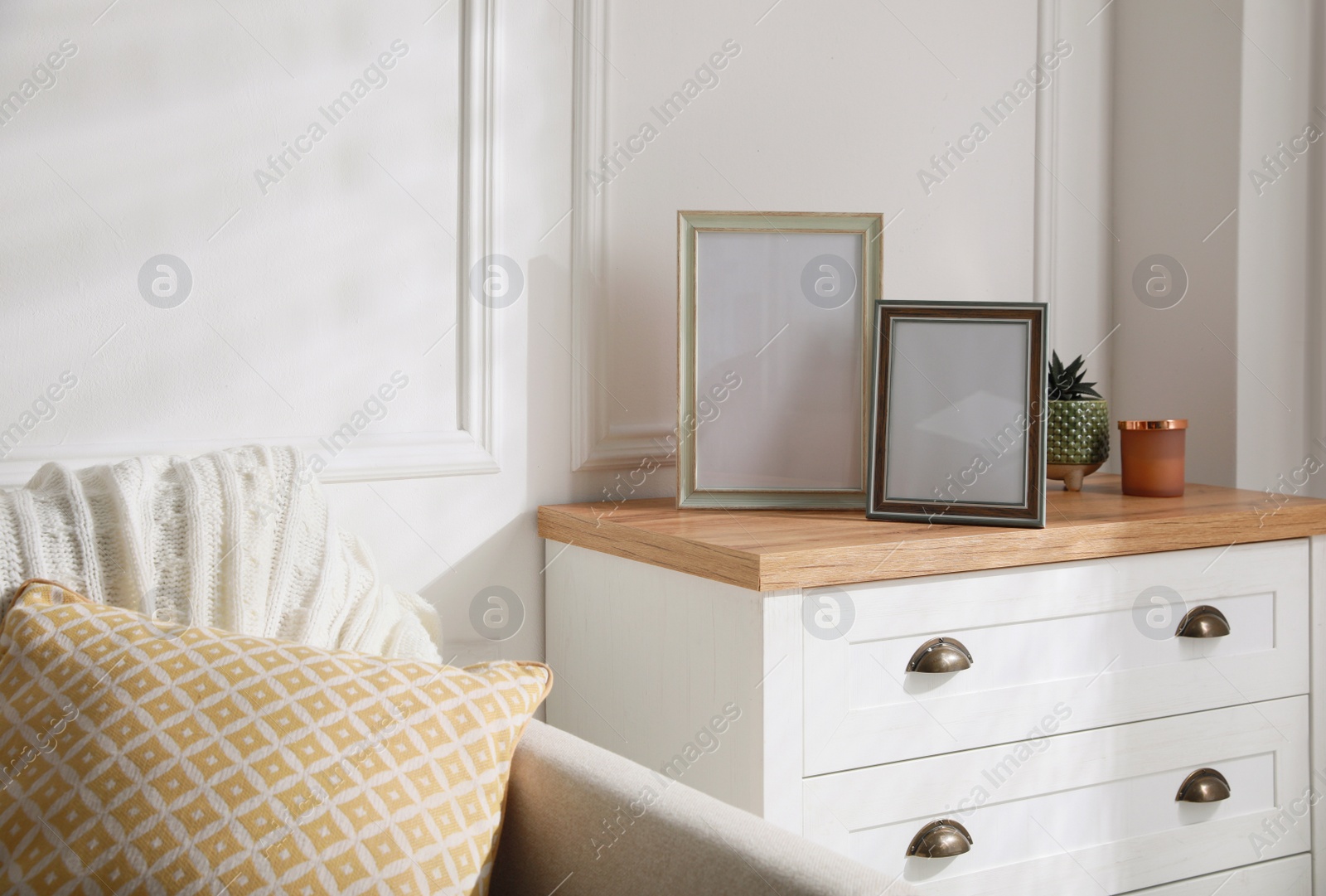 Photo of Empty photo frames and succulent on chest of drawers in living room