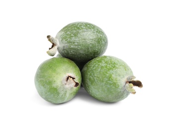 Photo of Delicious fresh feijoa fruits on white background