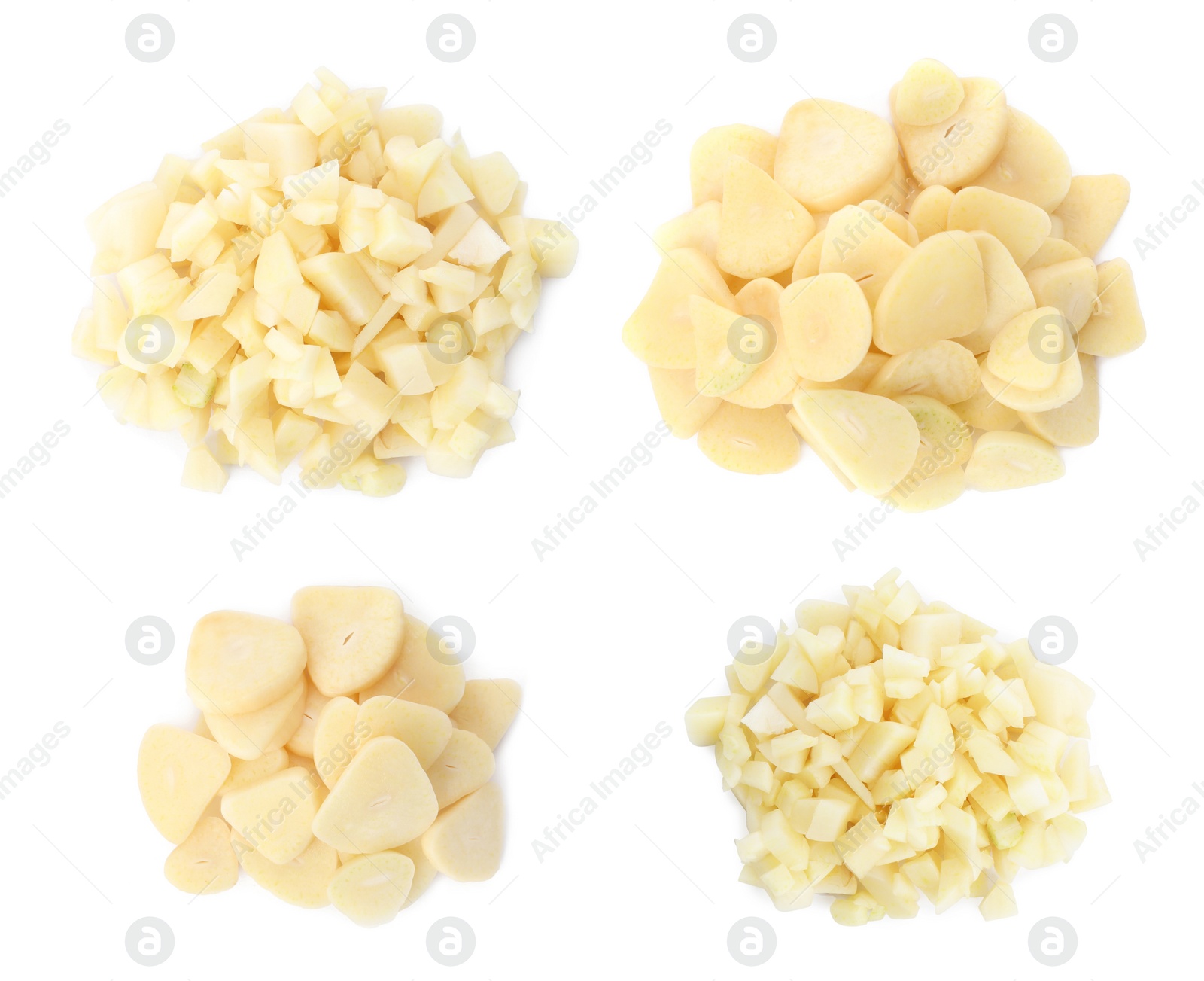 Image of Set of cut garlic on white background, top view