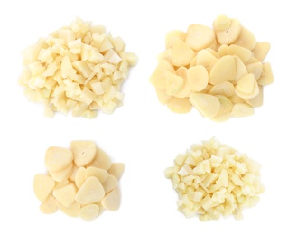 Set of cut garlic on white background, top view