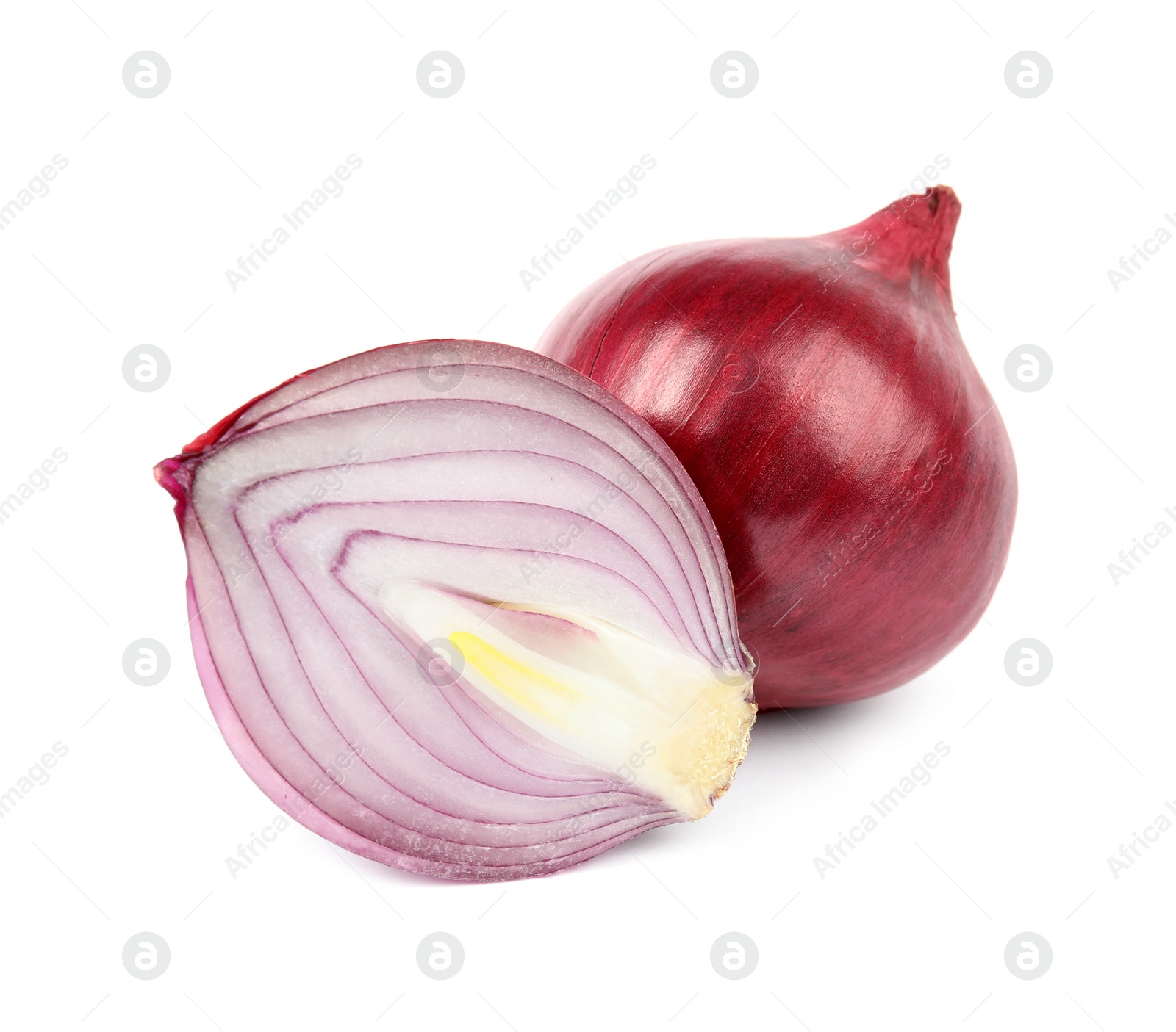 Photo of Fresh whole and cut red onions on white background