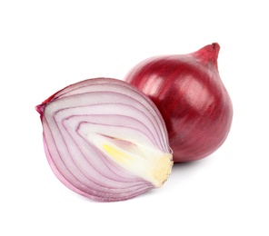 Fresh whole and cut red onions on white background