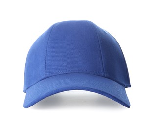 Photo of Stylish blue baseball cap isolated on white