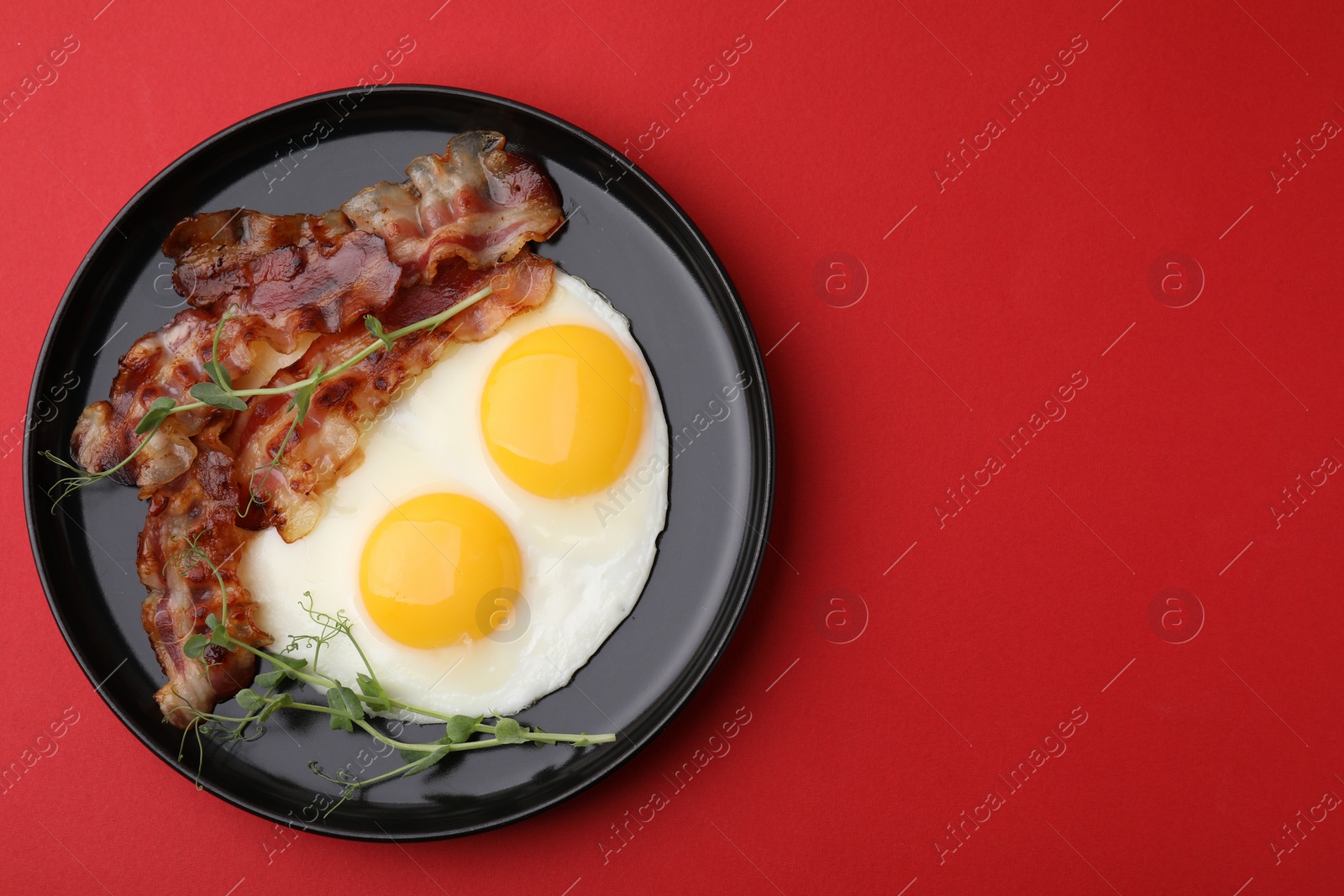 Photo of Fried eggs, bacon and microgreens on red background, top view. Space for text