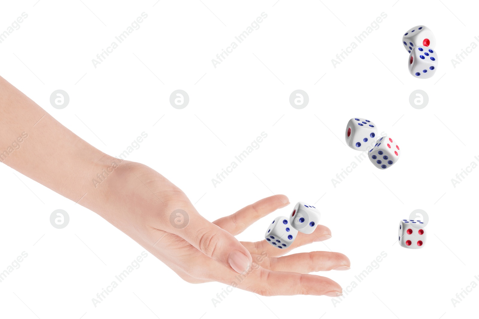 Image of Woman throwing dice on white background, closeup