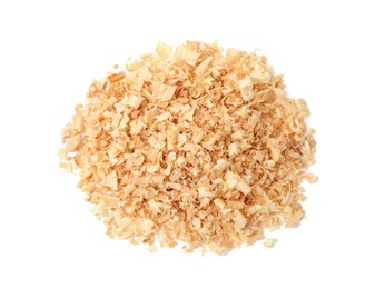 Photo of Pile of natural sawdust isolated on white, top view