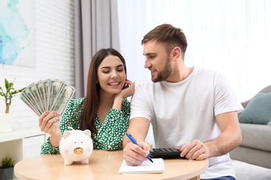 Photo of Beautiful young couple with piggy bank and money at home