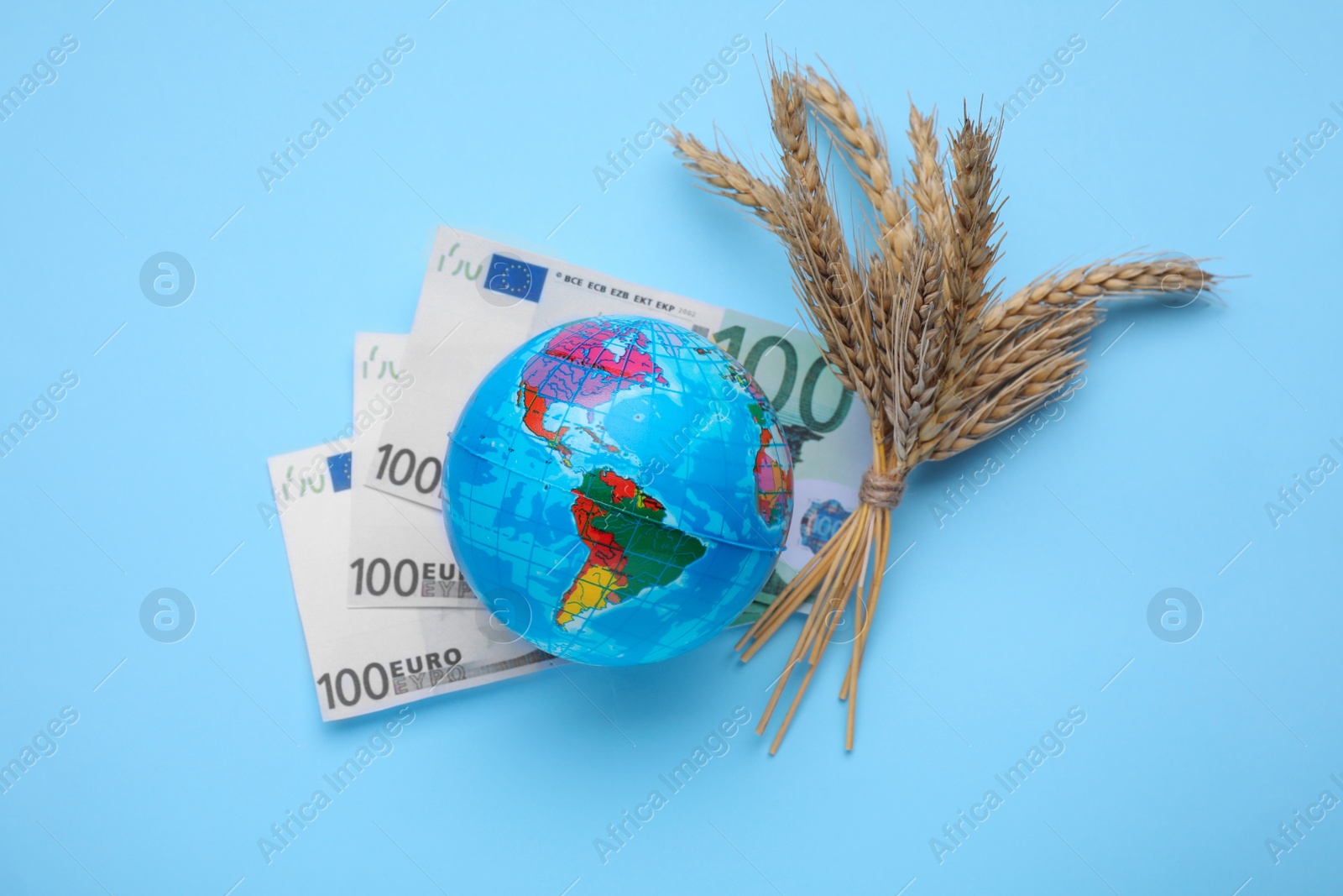 Photo of Import and export concept. Globe, ears of wheat and banknotes on light blue background, flat lay