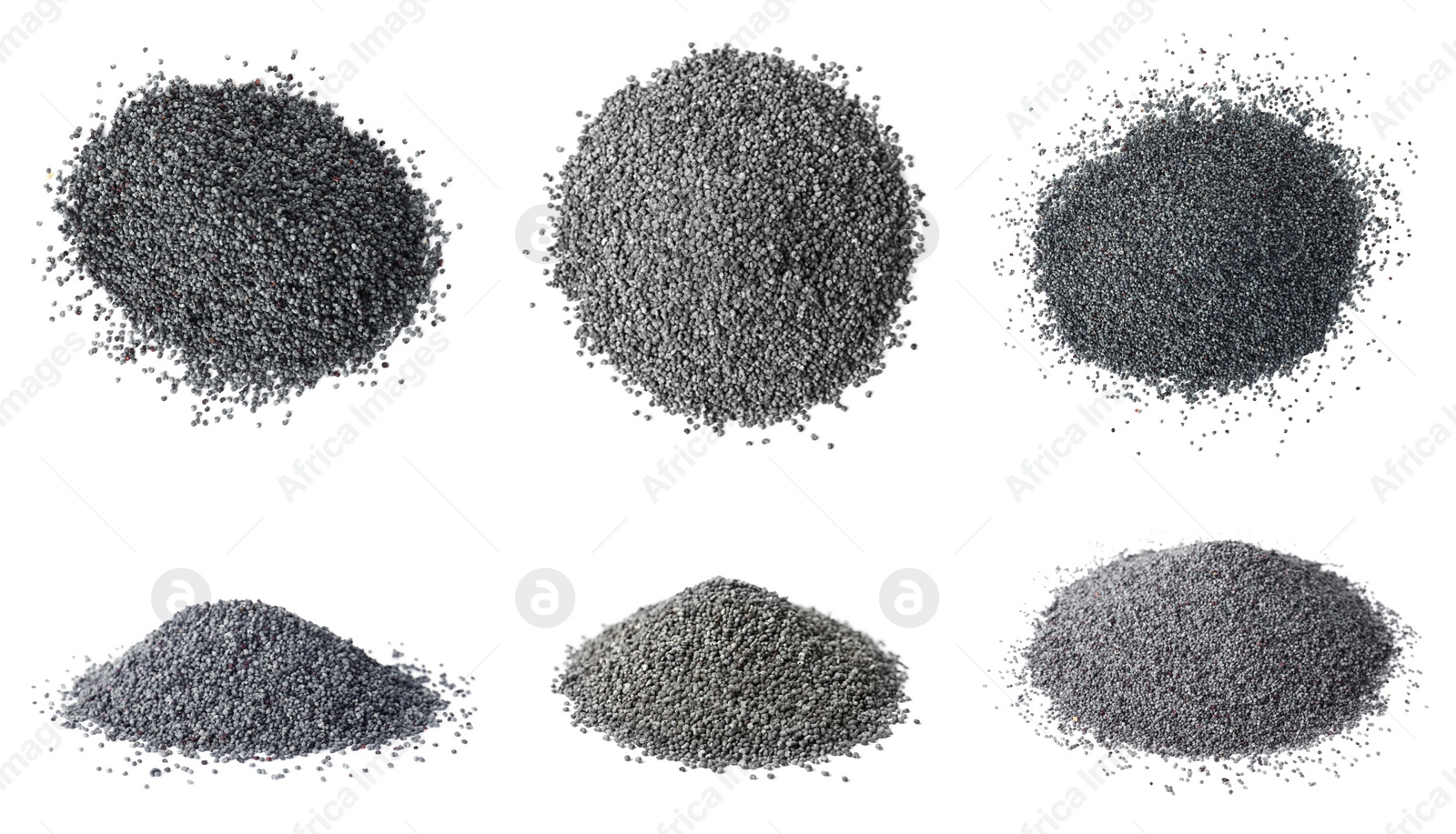 Image of Collage with heaps of poppy seeds on white background