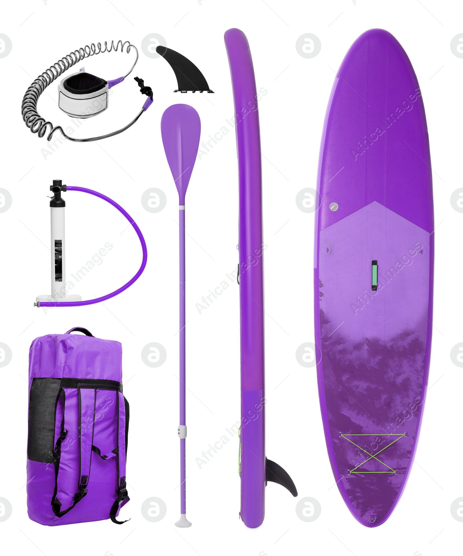 Image of SUP board and different equipment for stand up paddle boarding isolated on white, set