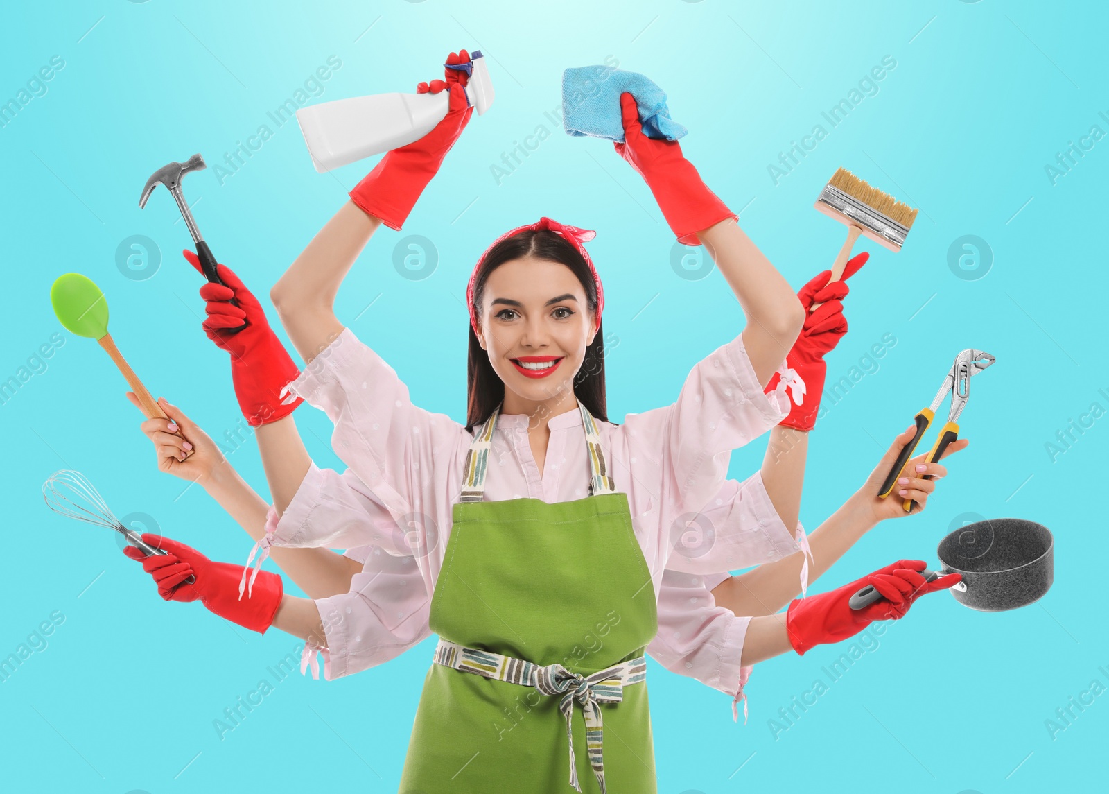Image of Multitask housewife with many hands holding different stuff on blue background