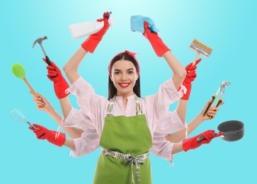 Image of Multitask housewife with many hands holding different stuff on blue background