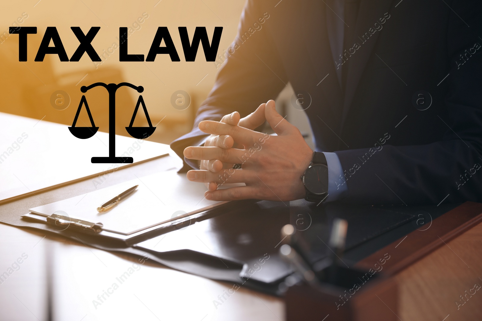 Image of Professional lawyer at table in office, closeup. Tax law concept