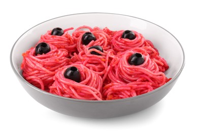 Red pasta with olives in bowl isolated on white. Halloween food