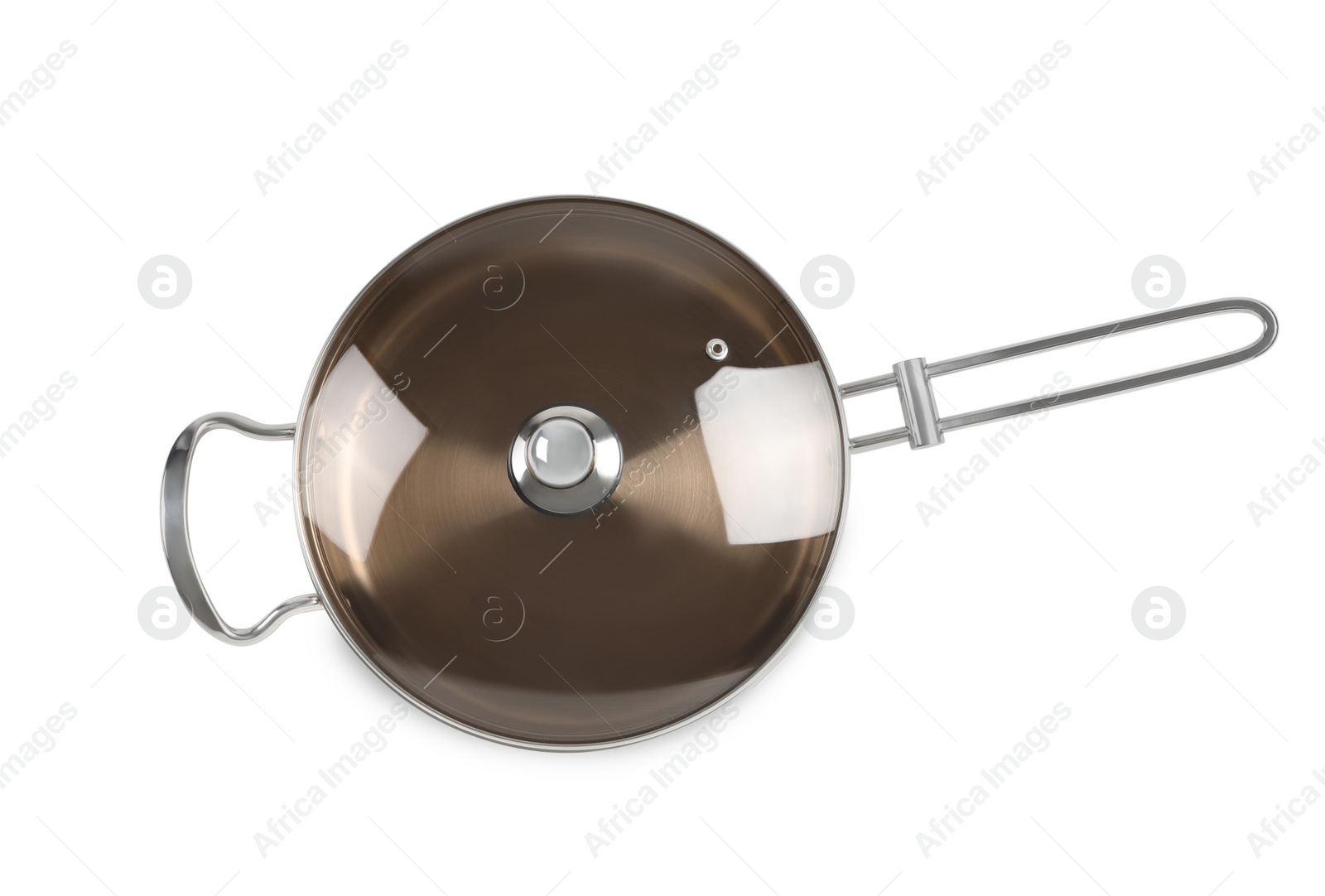 Photo of New shiny saucepan with glass lid isolated on white, top view