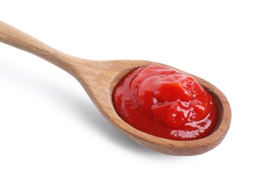 Photo of Spoon with tasty ketchup isolated on white. Tomato sauce